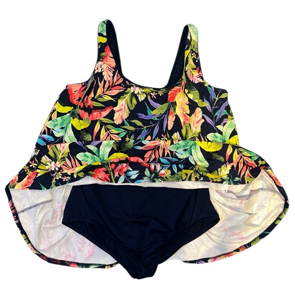 Lands End Scoop Neck Mini Swim Dress Swimsuit Tropical Navy Palm Print UPF50 2X - Picture 5 of 9